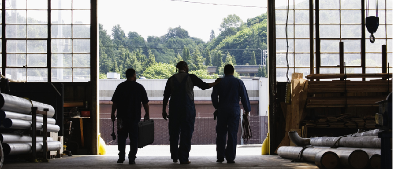 workers leaving the shop after a successful workday